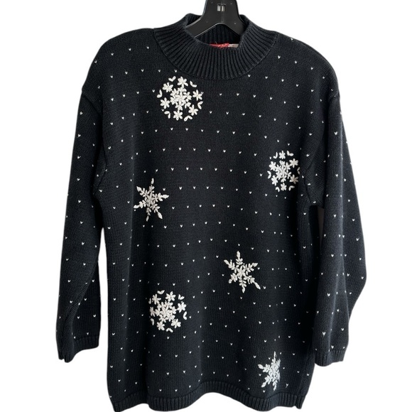 VTG Liz & Co Sweater Mock Neck Embroidered Snowflakes Medium Black Cottagecore - Picture 1 of 14